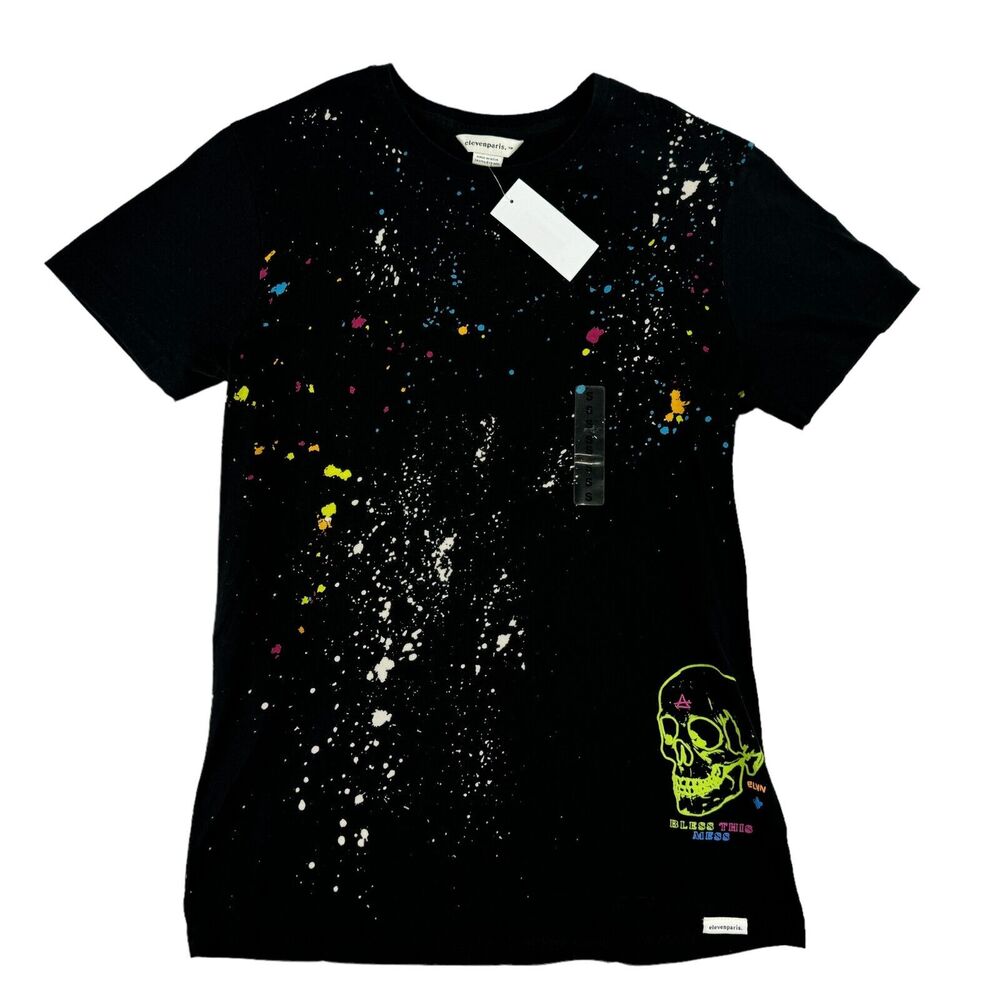 Eleven Paris Mens Splatter Logo Graphic Cotton Short Sleeve T-Shirt Black S